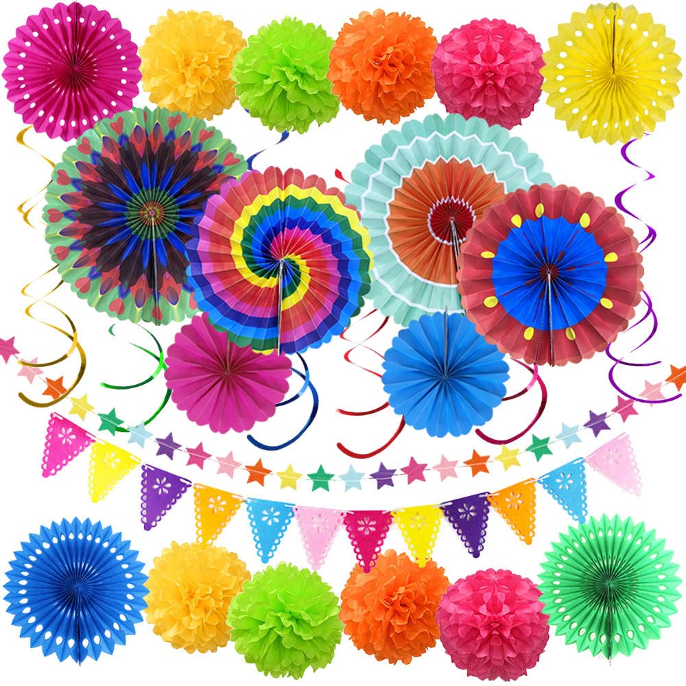 JOYnJOY Party Decoration, 26 Pcs Colourful Hanging Paper Fans, Pom Poms Flowers, Triangle Bunting Flags Garlands Stars Swirls for Wedding Decor Festival Decorations Mexican, Fiesta or Birthday Parties