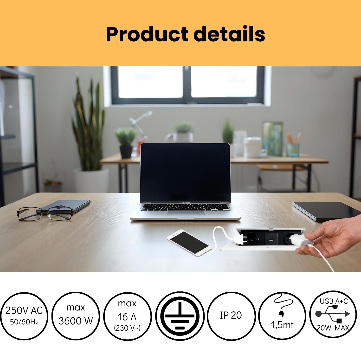 EVOTRADE Multiprise encastrée avec 2 prises SCHUKO + 2 prises USB (A+C), câble de 1,5 m - Pour bureau, salle de réunion, plan de travail - Couleur blanche