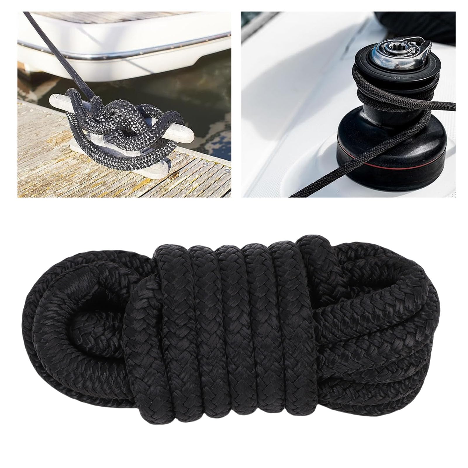 Jiawu Cime per Ormeggio per Barche, Corda Marina in Nylon Intrecciato Doppio da 1/2 Pollice X 15 Piedi con Anello da 12 Pollici per L'ormeggio Dell'ormeggio Nei Porti Turistici dei (BLACK)