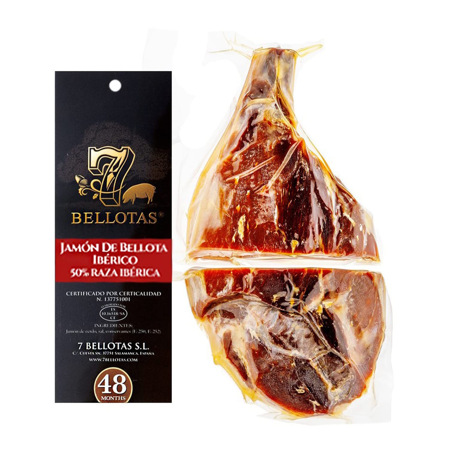 7 BELLOTAS Iberischer Eichel-Schinken | JAMON Bellota 50% IBERICO Feldköderschinken PATA NEGRA | Spanischer Schinken Bellota 48 Monate (Ohne Knochen + 3,2 Kg.)