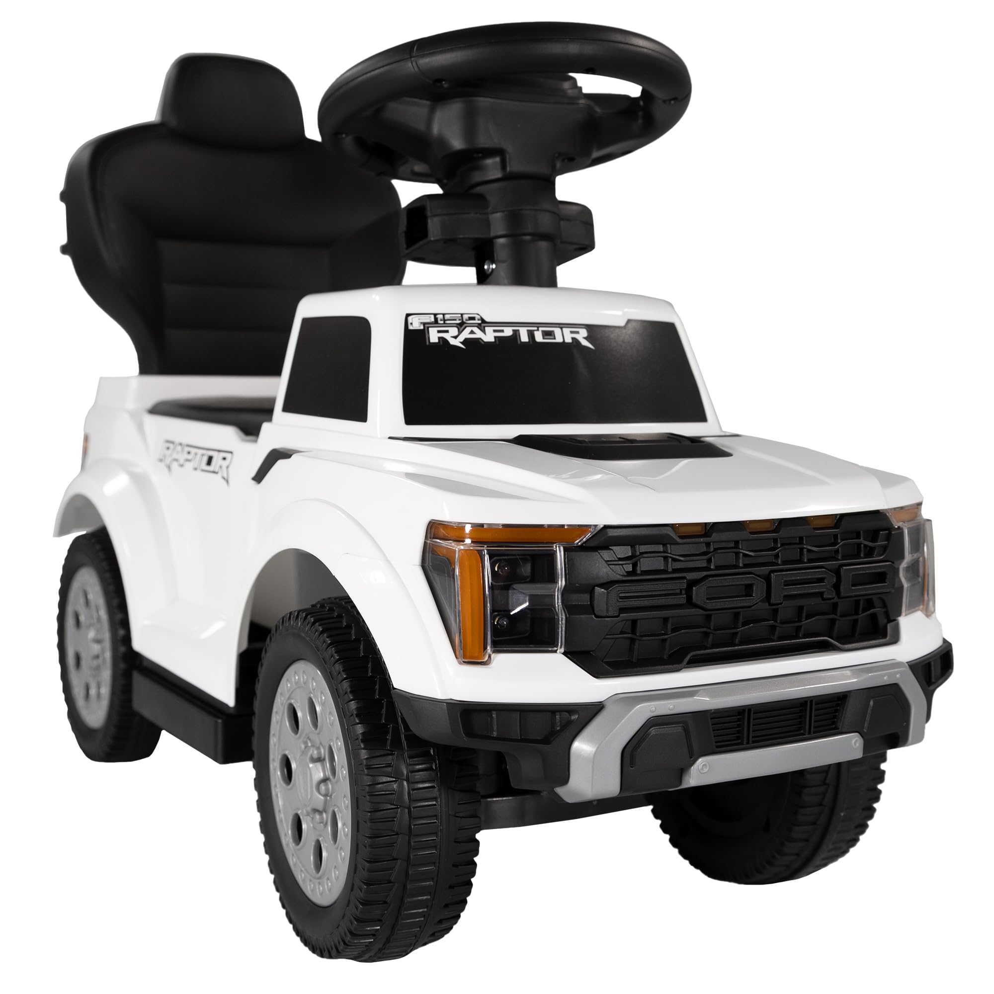 Lemodo Rutschauto Ford F-150 weiß mit Schiebestange, Kinderfahrzeug aus Kunststoff mit Sound-Lenkrad, abnehmbarem Sicherheitsbügel, Fußstütze & Staufach, Rutscherauto ab 1 Jahr