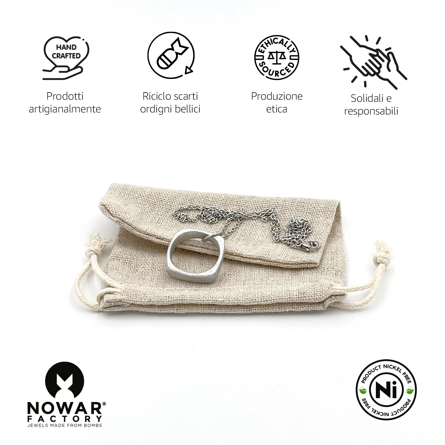 NOWAR FACTORY Collana Lunga Anello Quadrato in Acciaio con Ciondolo, Simbolo di Speranza e Forza, Lunghezza 50 cm - Festa del papà