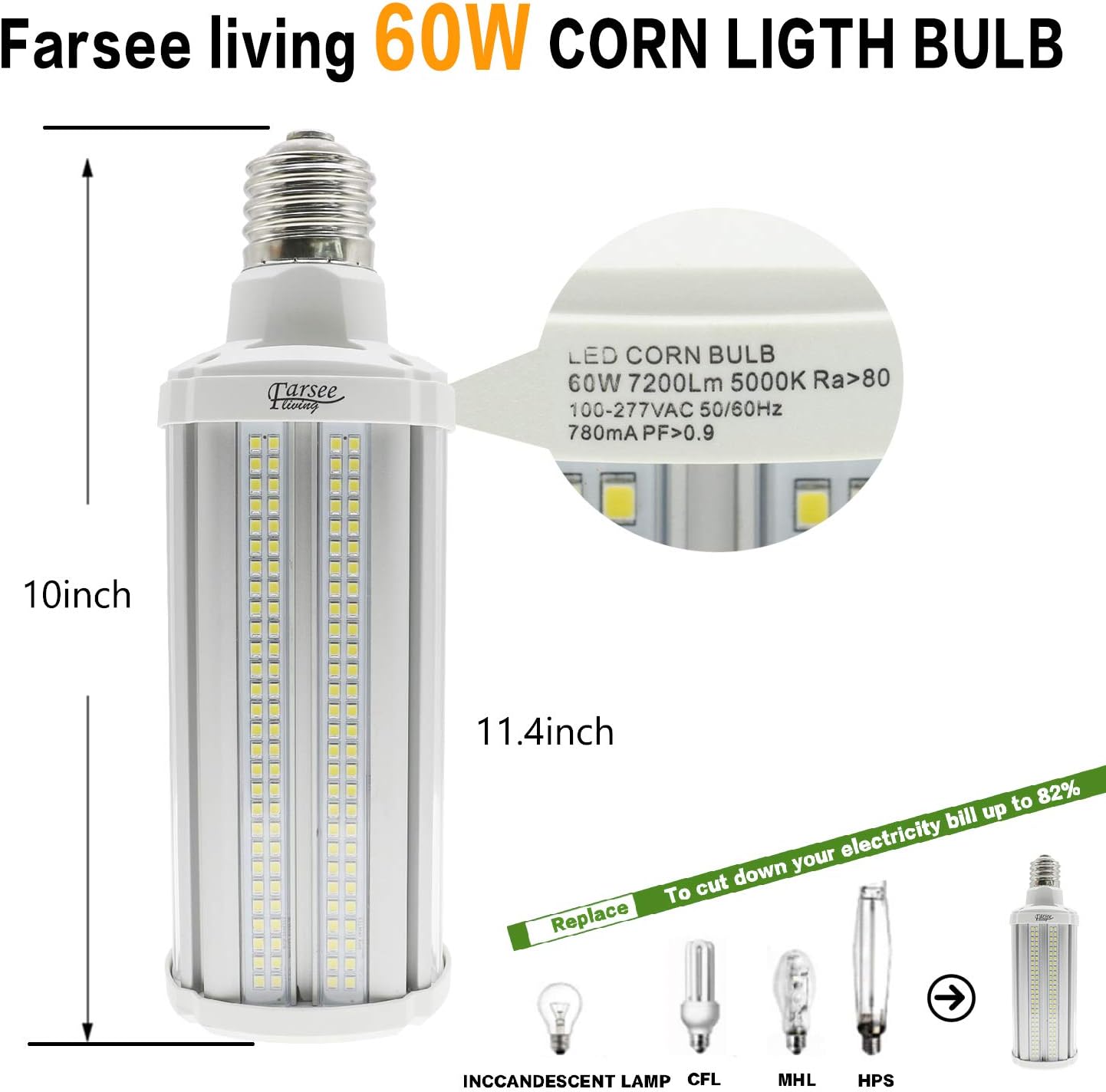 40% Off Discount 60W Super Bright LED Corn Light Bulb (500Watt Equivalent) - UL & E39 Mogul Base LED Bulb - 5000K Daylight 7800 Lumens for Residential and Commercial Ceiling Lighting
