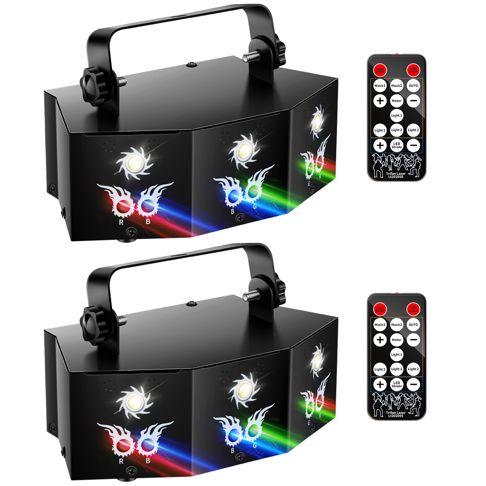 Front view of the U`King 9-Lens DJ Disco Laser Light with various laser patterns projected in the background.