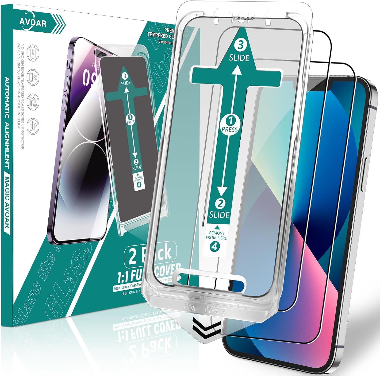 2 Pack Screen Protector for iPhone 14/13 / 13 Pro, [Auto-Alignment Kit] 6.1 Inch HD Clear Full Screen Tempered Glass, Auto Dust-Elimination Installation, Bubble Free, Case Friendly