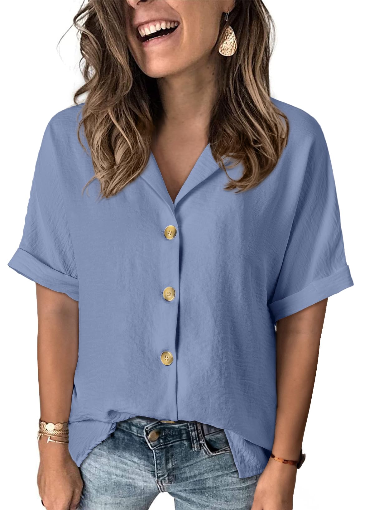 Dokotoo Women's Dressy Casual V Neck Short Sleeve Button Down Shirts Relaxed Work Business Loose Blouses Tops