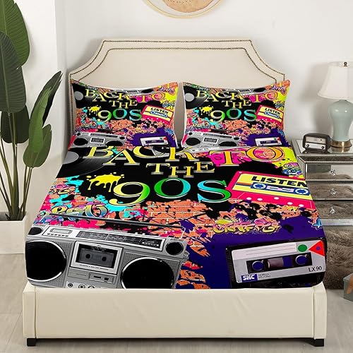 Miniatura 2 de Erosebridal Sábana bajera ajustable de moda de los años 90, tamaño individual para niños, adolescentes y adultos, sábanas de cama con cinta de radio