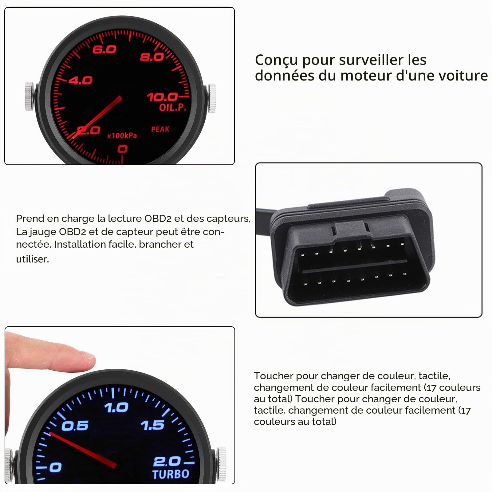 2.4in touchant 17 couleurs OBD2 3 jauges ensemble combiné Turbo Boo + pression d'huile + jauge de température d'huile Kit de jauge électronique