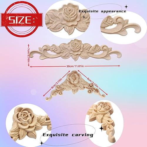 Miniatura 7 de 5 piezas de apliques de madera tallada en madera Onlays Onlays DIY tallados muebles apliques Onlays sin pintar centro tallado calcomanía para puerta