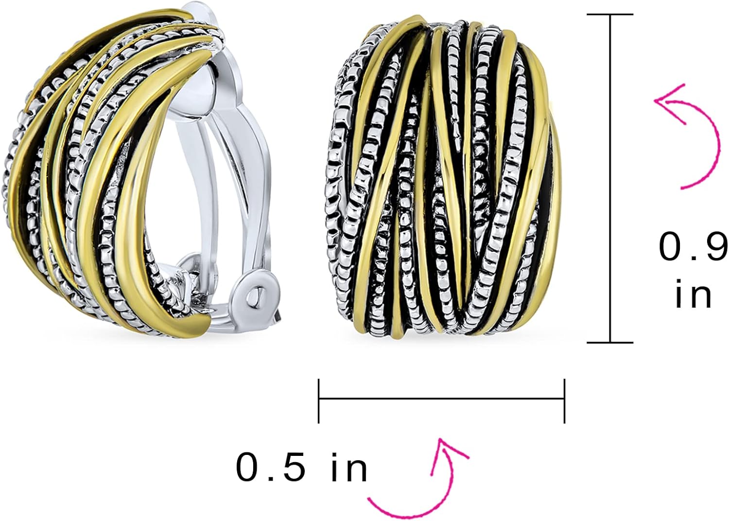 Half Hoop Shrimp Style Two Tone Caviar Bead Braided Crossover Wire Dome Clip On Earrings For Women Non Pierced Ears Oxidized Silver Gold Plated Brass