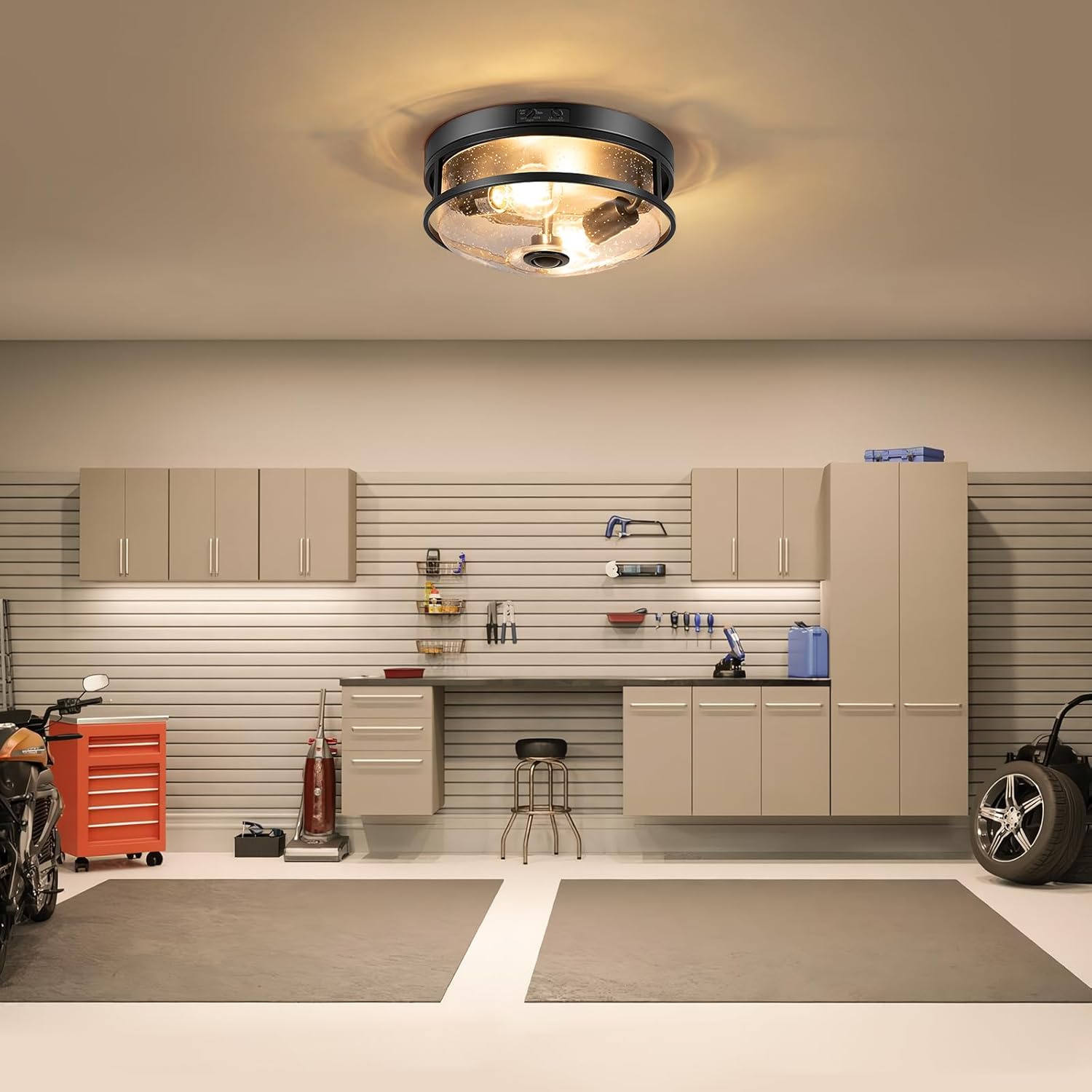 10.5Inch Outdoor Ceiling Light with Motion Sensor,2-Light Dusk to Dawn Porch Light,360° Detection,4 Lighting Modes, Farmhouse Flush Light Fixture with Seeded Glass for Porch, Garage, Entryway