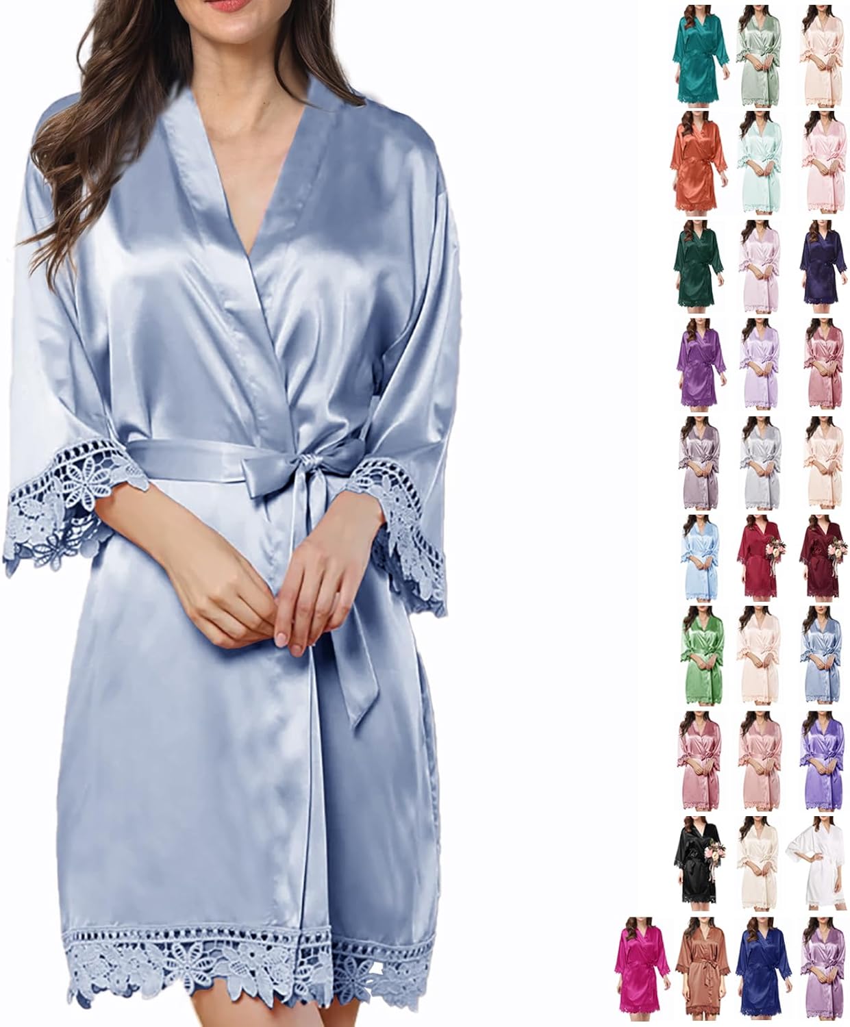 Womens Silk Robe Satin Robe Silky Kimono Lace Bathrobe Wedding Dressing Gown For Bridal Bride Bridesmaid Robes