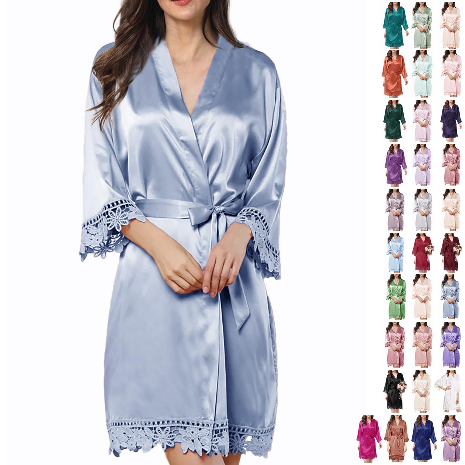 Womens Silk Robe Satin Robe Silky Kimono Lace Bathrobe Wedding Dressing Gown For Bridal Bride Bridesmaid Robes