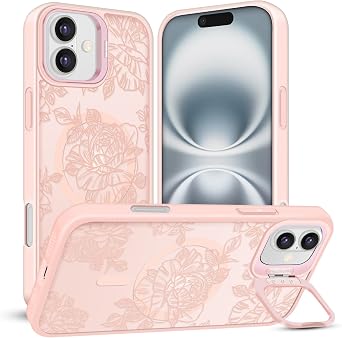 Magnetic for iPhone 16 Case, Translucent Matte Back Black Flower Floral Phone Case for Women, Compatible with MagSafe, Built-in Stash Stand, Military Drop Protection, Pink