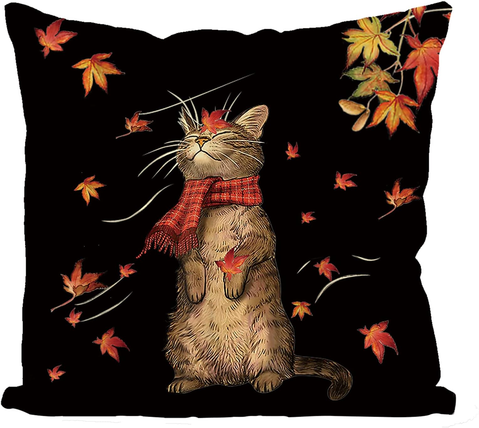 GAGEC Fall Pillow Covers 18x18 Inch Maple Leaf Cat Pillow Covers Autumn Thanksgiving Farmhouse Outdoor Throw Pillowcase Cotton Linen Sofa Couch Cushion Case for Fall Decor