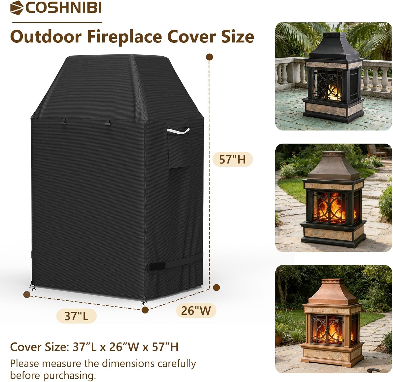 COSHNIBI Outdoor Fireplace Cover,Heavy Duty Waterproof Tall Wood Burning Fireplace Covers,Cover for Upright Wood Storage Outdoor Fire Pits,36"L x 24"W x 57"H,Black
