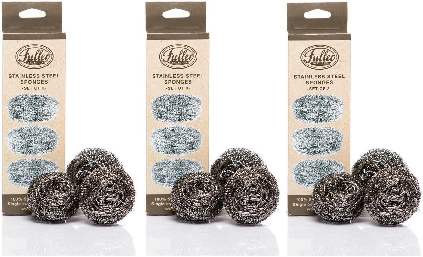 Fuller Brush Stainless Steel Scrubbing Sponges – 3-Pack (3 Sets of 3 = 9 Pieces) – Heavy Duty Kitchen Scour Sponges for Dishes, Pots & Pans