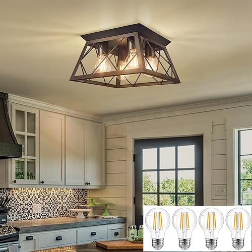 FadimiKoo Flush Mount Ceiling Light Fixtures for Kitchen Hallway, 4-Light Close to Ceiling Lighting, Industrial Farmhouse Square Cage Ceiling Lamp for Dining Room, Living Room, Included Light Bulbs
