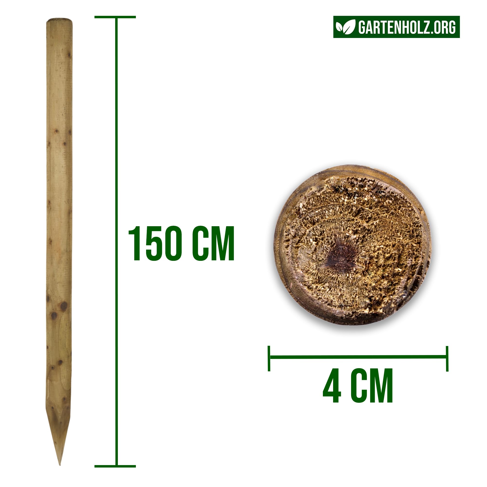 Lot de 10 piquets de clôture en bois - Ø 4 cm - KDI vert imprégné - En bois du Saurland - Poteaux d'arbres pointus en différentes longueurs pour jardin, saule et aménagement paysager (150 cm de