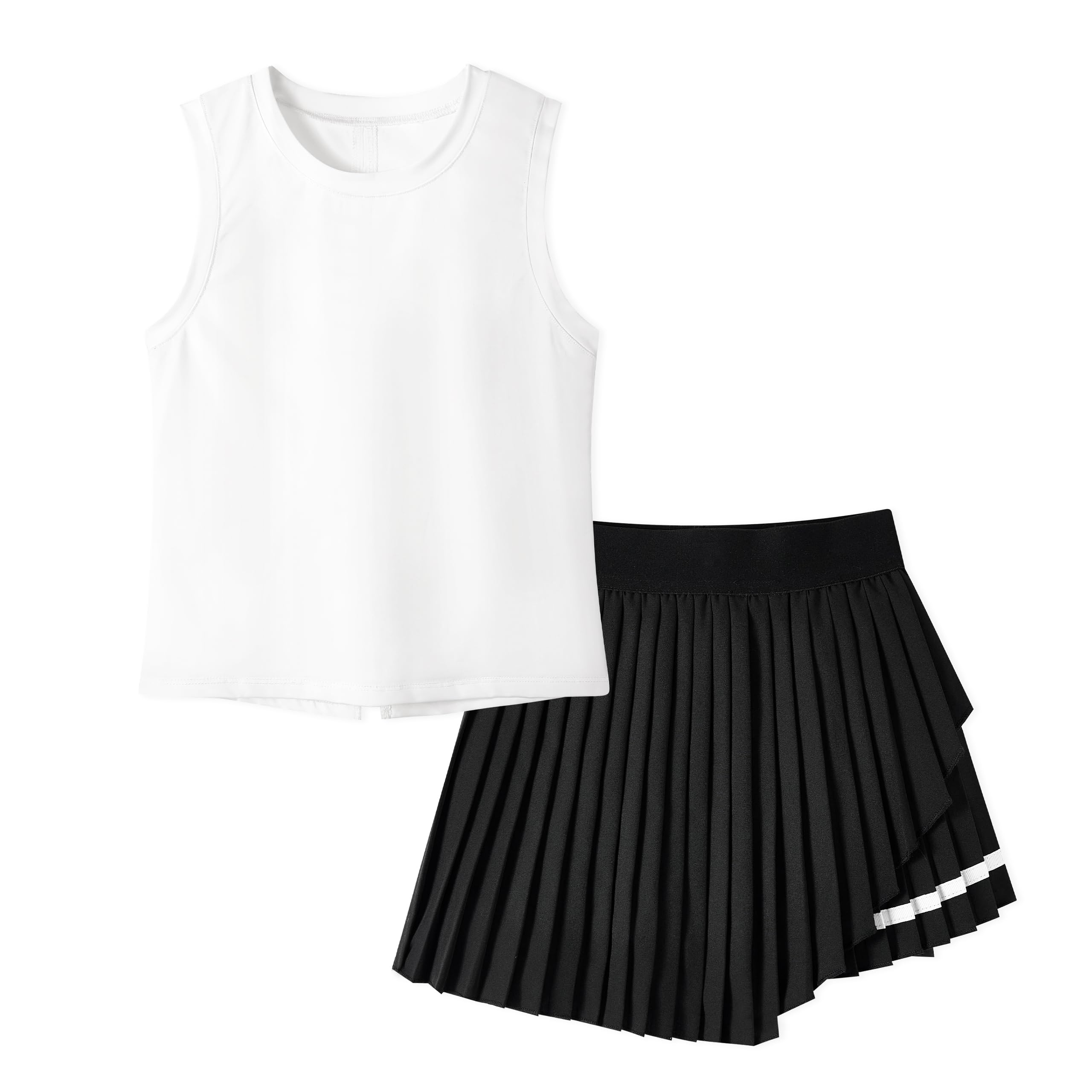 Rolanko Set con gonna da ragazza, canotta senza maniche e gonna a pieghe, 2 pezzi, per tennis, danza, corsa, ginnastica, abbigliamento atletico