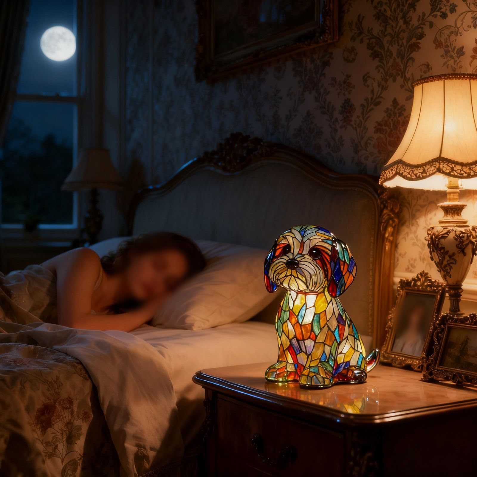 Lampe Chien Vitrail, Veilleuse Chien, Stained Glass Dog Lamp, Décoration Intérieure, Lumière LED Ambiance, pour Chambre, Bureau, Maison, Cadeau pour les Amoureux des Chiens [Classe énergétique A]