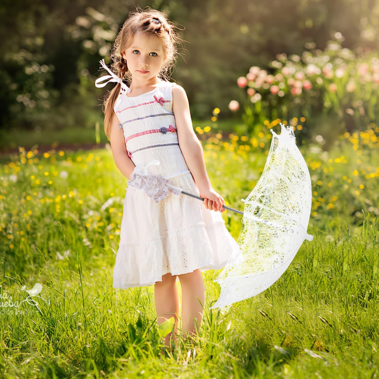 Kids Lace Umbrella and Gloves Set Small Vintage Embroidery Parasol for Wedding Photography Prop Costume Accessories