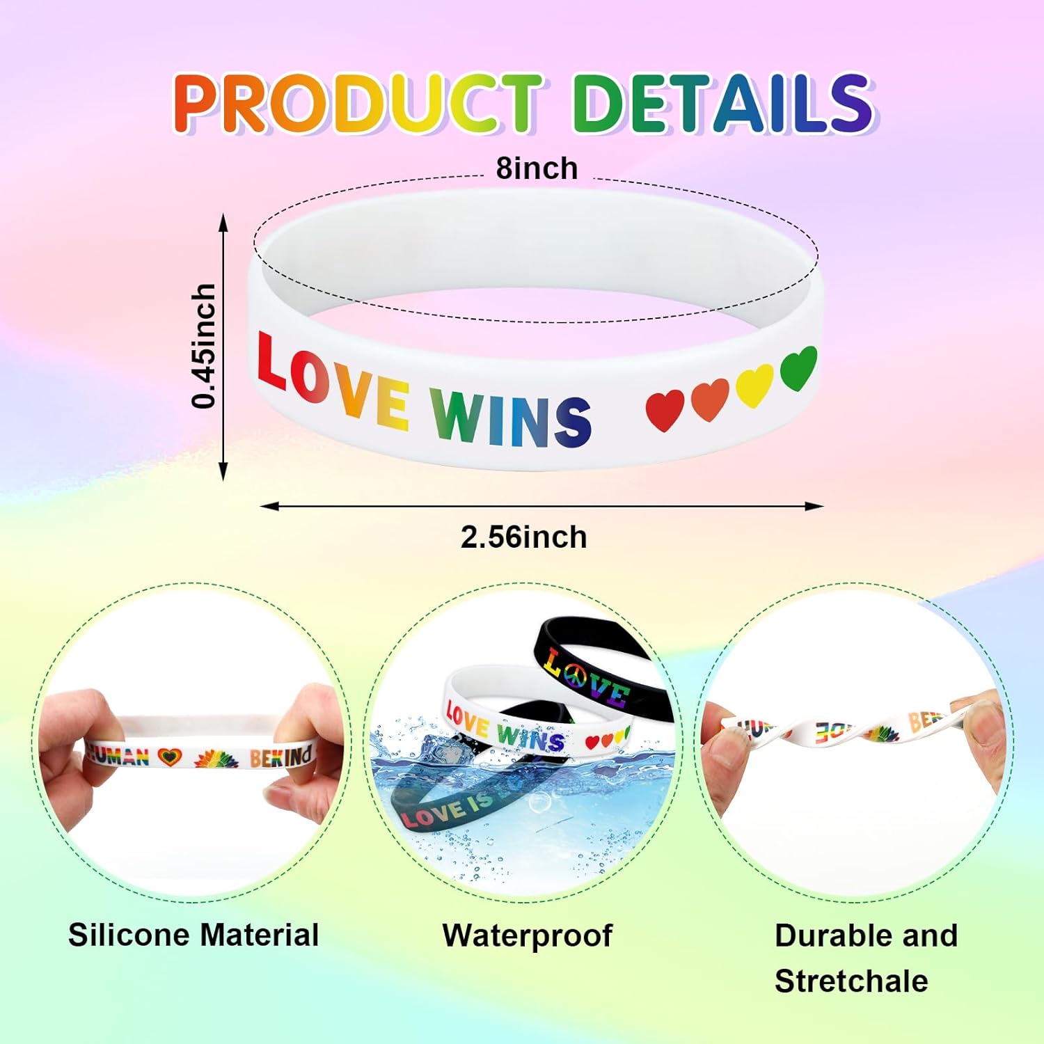 JUNEBRUSHS 64pcs Rainbow Pride Silicone Bracelets LGBT Support Rubber Wristbands for Pride Day Month Parades Decorations Party Accessories (8 Designs) - Image 2