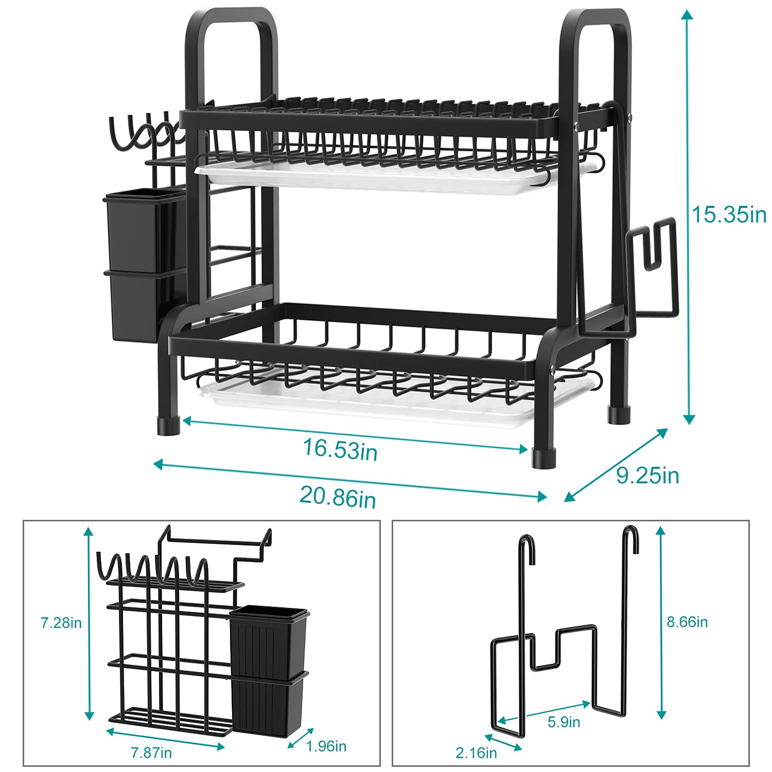2 Tier Black Dish Drainer Rack, Stainless Steel Dish Drying Rack
