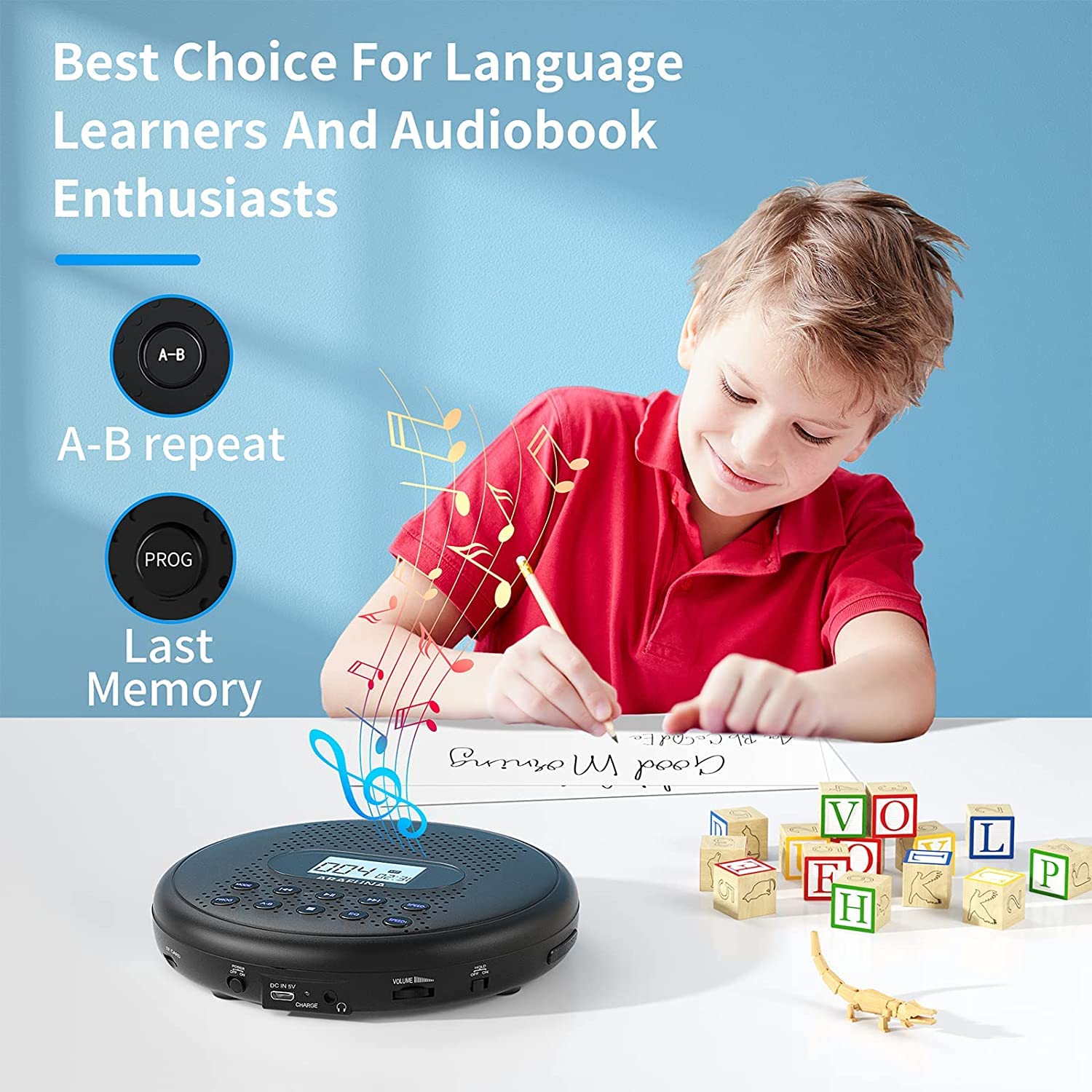 Arafuna Lecteur CD Portable avec Haut-parleurs et Batterie Lithium Intégré de 1400 mAh, Lecteur CD avec Protection Anti-Saut, Baladeur CD avec Casque et câble AUX
