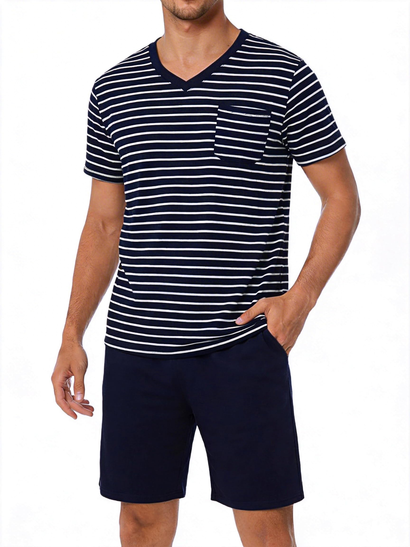 Litherday Schlafanzug Herren Kurz Pyjama Baumwolle Sommer Pyjama Set Kurzarm Zweiteiliger Nachtwäsche Männer Gestreift