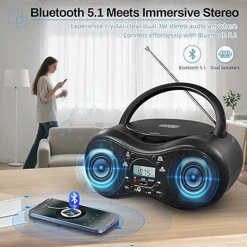 Miniatura 7 de Boombox reproductor de CD portátil para el hogar con radio FM, reproducción de CD-RCD-RWMP3 CDs, control remoto, Bluetooth, puerto USB, entrada