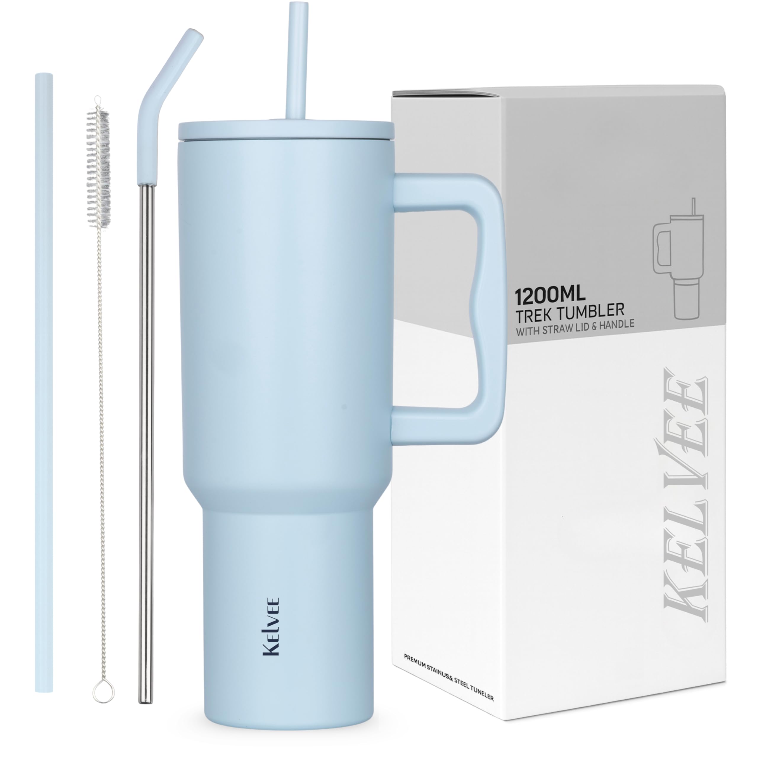 KELVEE 40oz Tumbler with Handle and Straw Lid, Reusable Cup Leakproof Iced Coffee Sipper Mug for Keeping Beverages Water Hot or Cold,Perfect for Travel, Gym 1.2L (Sky Blue)
