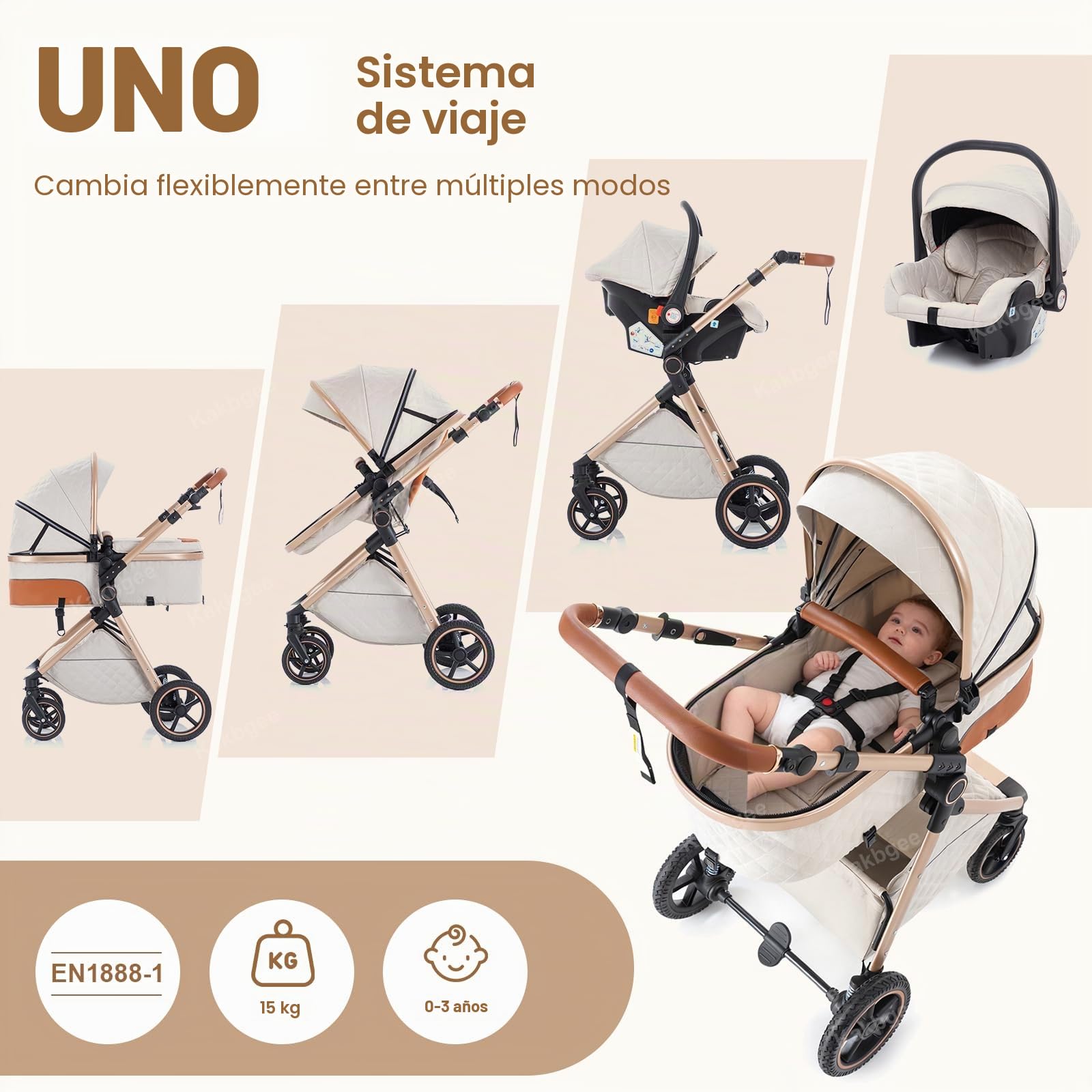 Cochecito 3 en 1 con Silla de Coche, Carrito bebé Plegable, Manillar 7 Alturas, Suspensión 4 Ruedas, Funda de Lluvia y Mosquitera, Sistema de Viaje para Recién Nacidos 0-3 Años (15kg), Beige