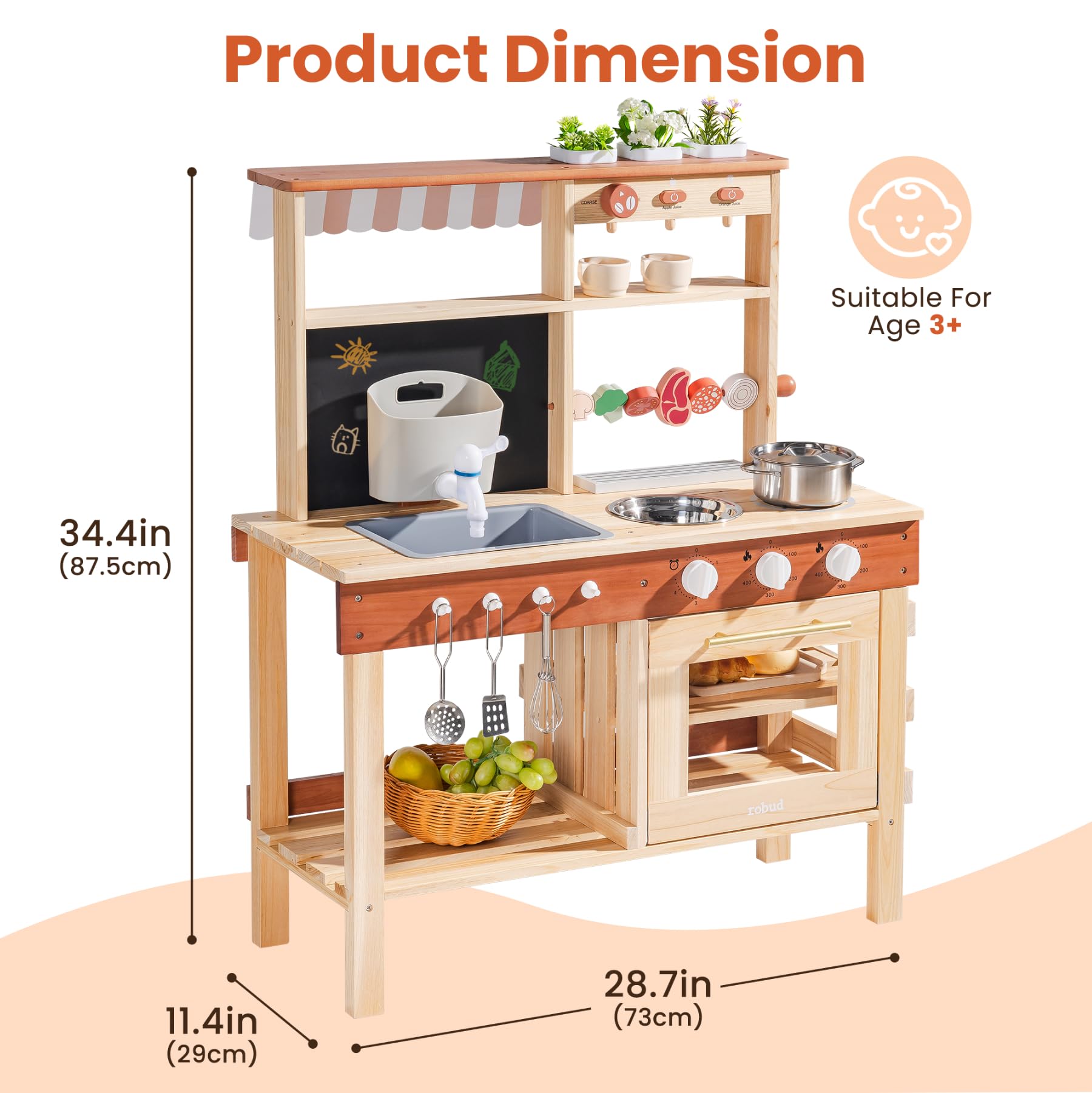 ROBUD Cucina da gioco in legno per bambini, cucina da esterno con lavello, macchina per il caffè, griglia per barbecue, forno e lavagna, gioco di finzione con accessori per bambini bambine 3+
