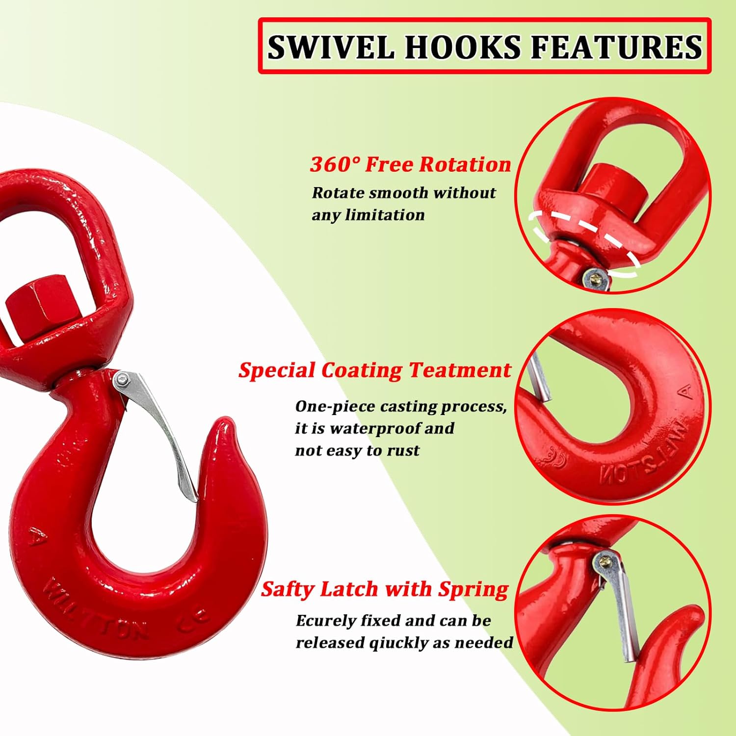 7 Ton Heavy Duty Swivel Hook, 360 Degree Crane Swivel Lifting Hook with Safety Latch, 15400 lbs Rotating Hoist Hooks Swivel Eye Sling Hook, Universal G80 Swivel Chain Hooks for Lifting Chains - Image 3