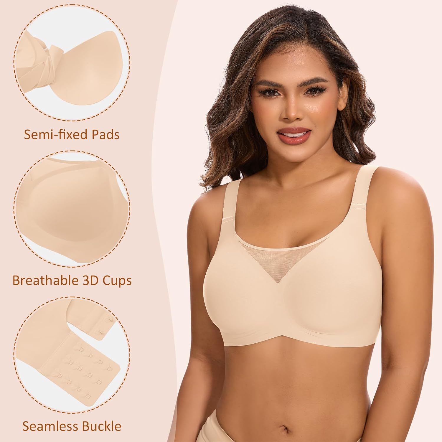 DOCUMO Seamless Bras for Women No Underwire Comfortable Push Up Wireless Bra Mesh Padded Back Smoothing Bra - Image 3