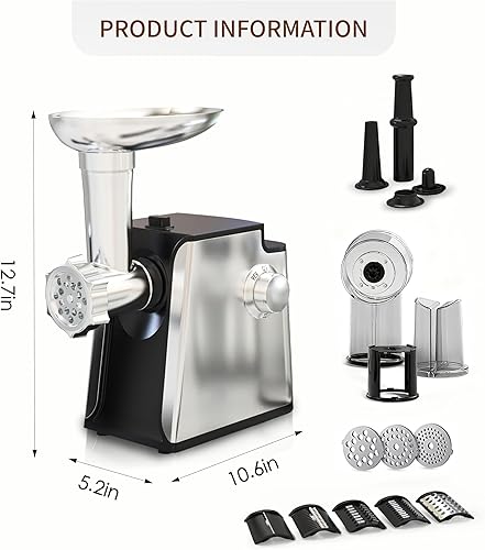 Miniatura 8 de Picadora eléctrica de carne de 2800 W, máquina de relleno de salchichas, trituradora de verduras 4 en 1 con 3 rebanadas, cuchillas trituradoras, 5