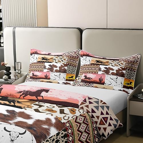 Miniatura 4 de Juego de funda de edredón de vaquero occidental, 100% algodón, para niños y niñas, con estampado de calavera de toro, caballo y calavera, juego de