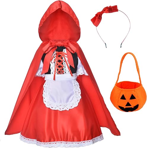 Vestido de Caperucita Roja, disfraz de Navidad para niñas con capa, diadema, bolsa (2-12 años)