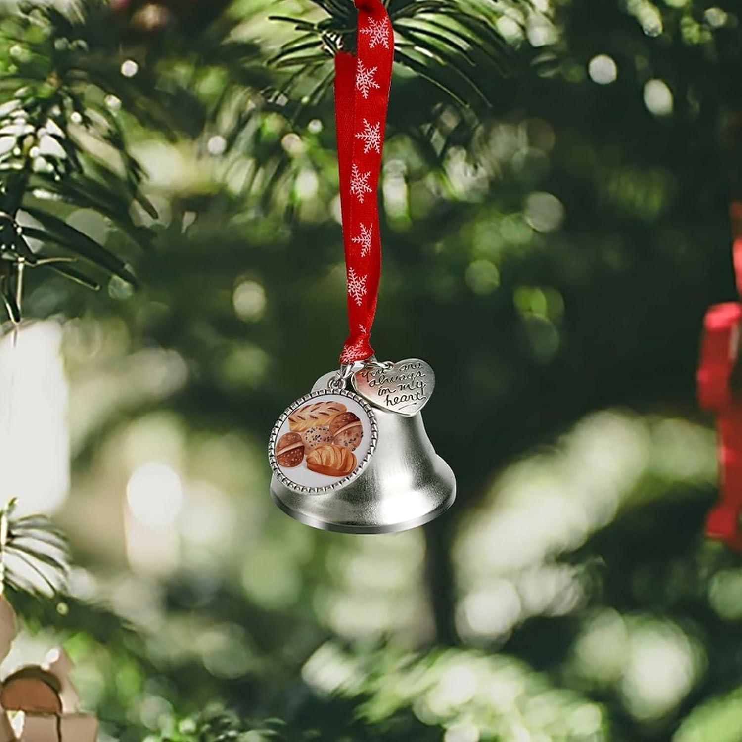 Painted Bread Bell Ornament Red Ribbon for Christmas Tree Holiday Decoration Personality Believe Bell Ornaments Sleigh Bells for Winter New Year Party Supplies