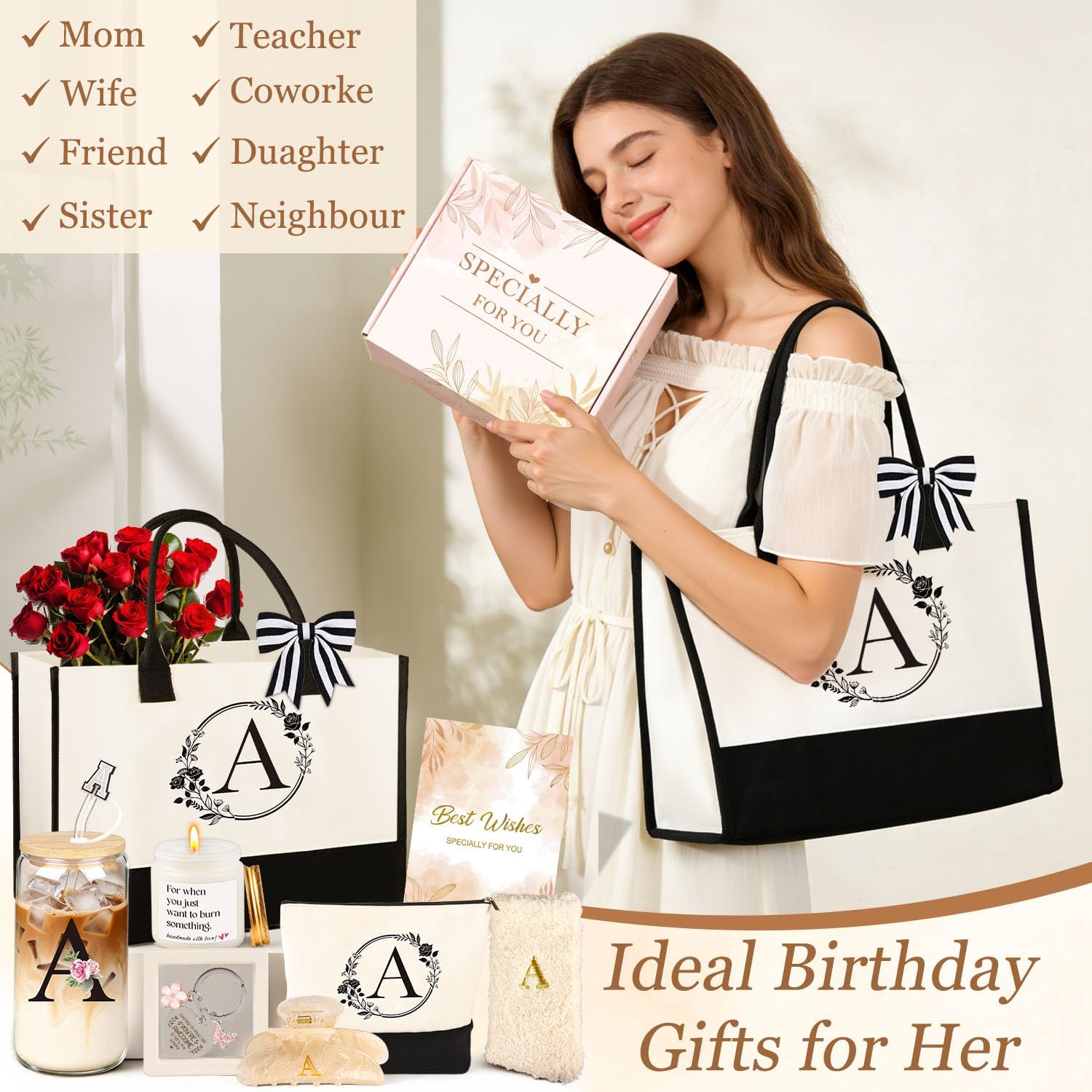 Birthday Gifts for Women, 10pcs Monogrammed Gifts for Women Initial Canvas Tote Bag, Makeup Bag, Glass Cup, Hair Clip, Candle Basket Birthday Personalized Gift for Her Woman Mom Wife Friend Teacher, A - Image 2