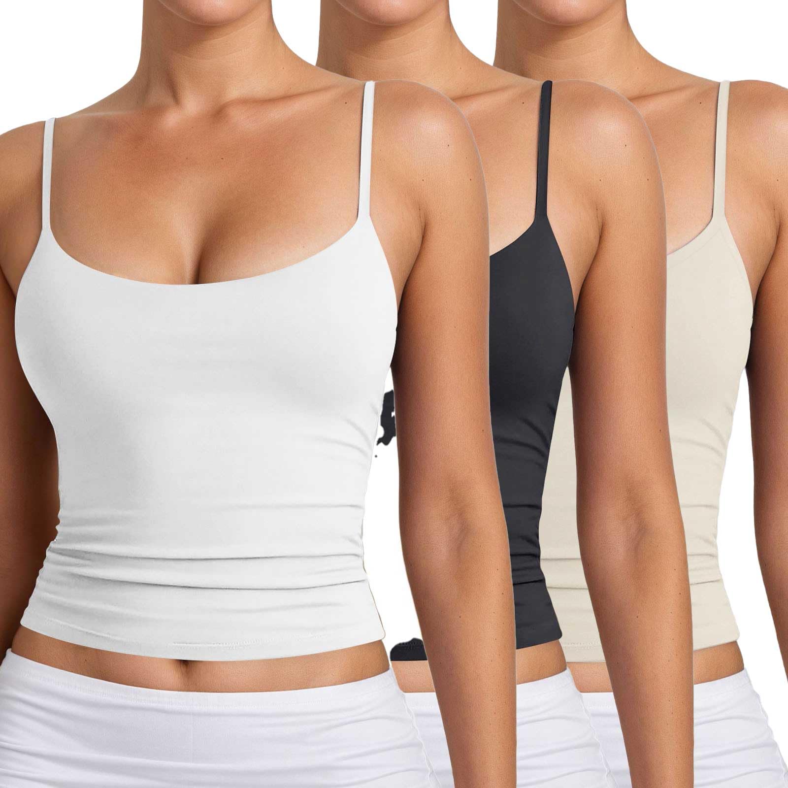 3 Pezzi Canotta con Reggiseno Donna Incorporato Cotone Tank Top Canottiera Casual Canotta di Base Scollo a V Cami Camisole Spalline Regolabili Tank Shirt Senza Maniche Camicia Imbottita Canottiera