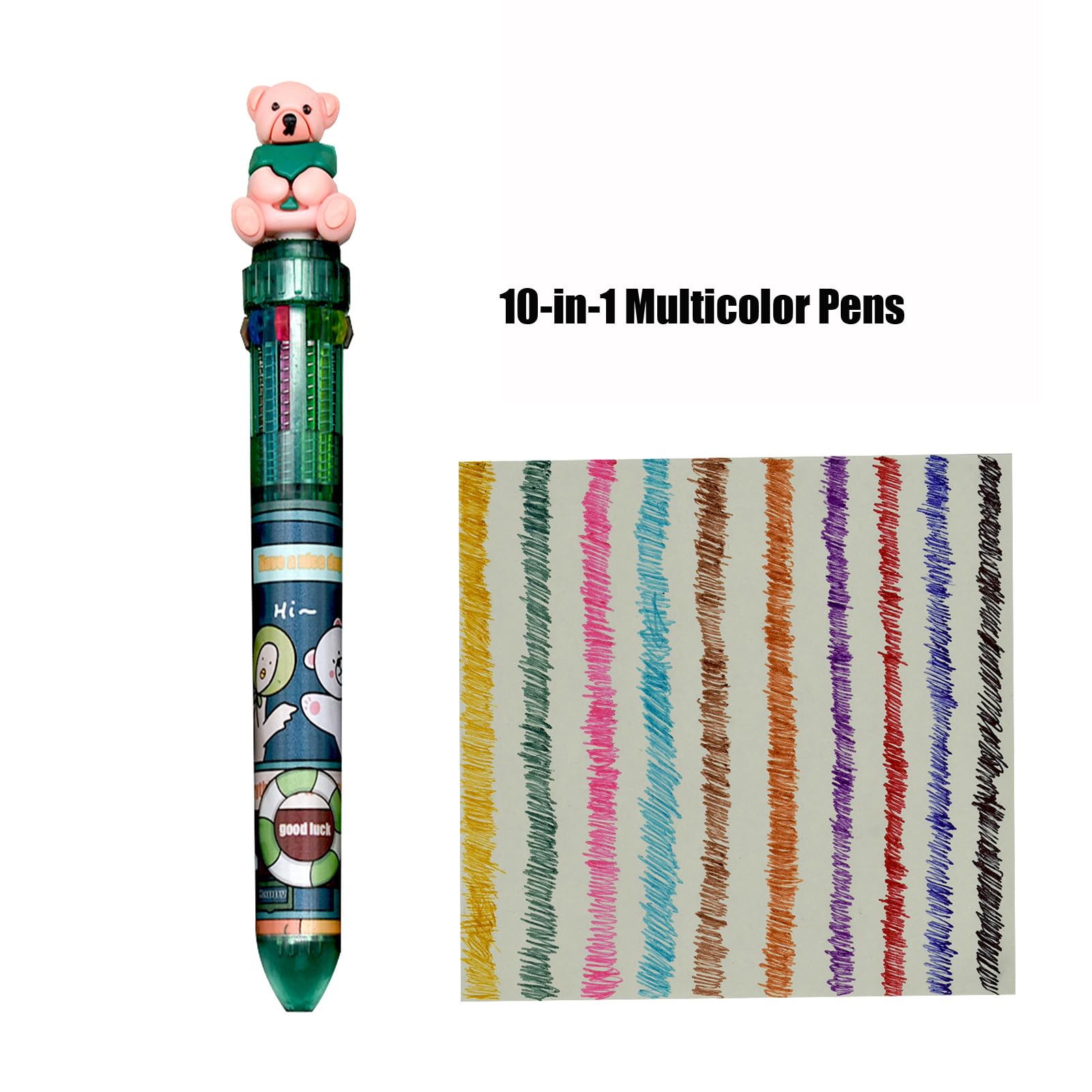 Lot de 8 stylos à bille rétractables 10 en 1 avec motif d'ours mignon de 0,7 mm, 10 couleurs, thème animal de dessin animé, fournitures de papeterie, cadeaux d'anniversaire