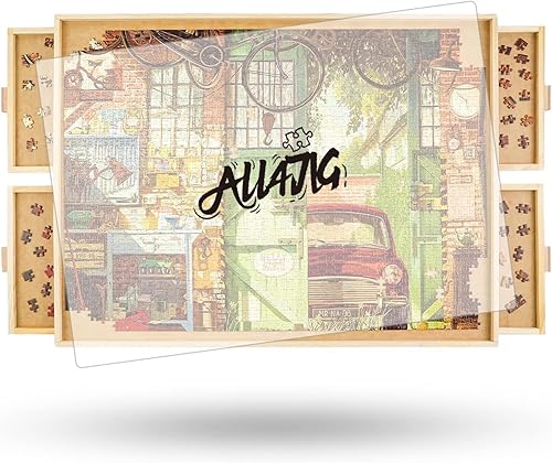 Vista 9 de ALL4JIG - Tablero giratorio para rompecabezas de 2000 piezas, bandeja giratoria de madera de 29.6 x 41.3 pulgadas, 6 cajones y cubierta, mesa para 6