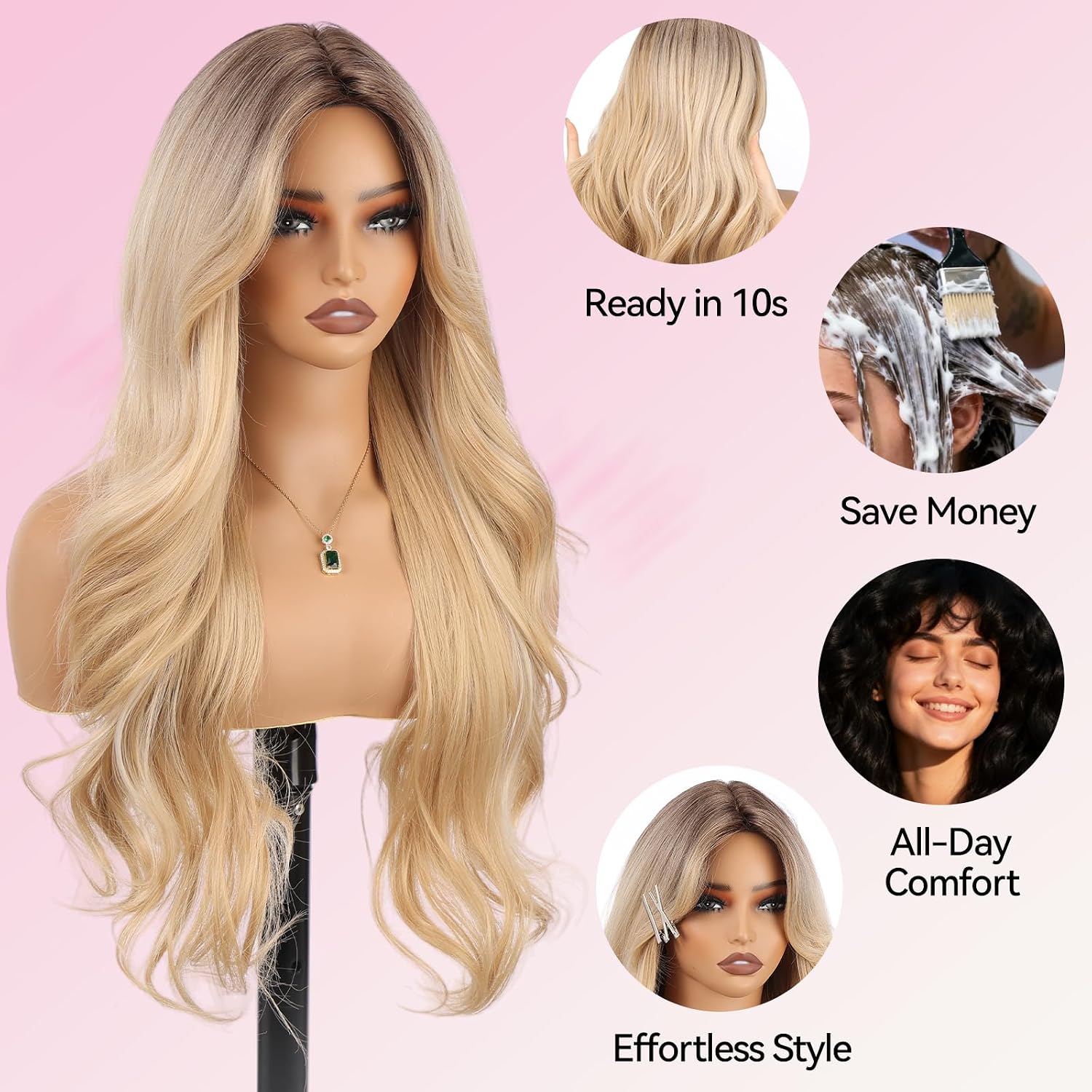 topshe Blonde Synthetic Wig for Women, Body Wave with Curtain Bangs Glueless Wigs Daily Wear, Natural Looking Pre-Styled Wavy Hair 28IN