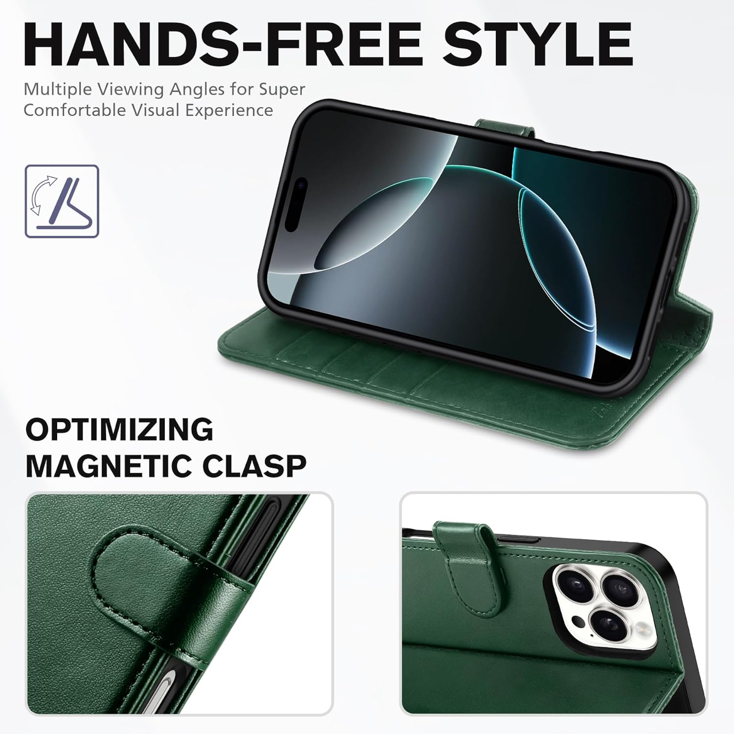 TUCCH Case Wallet for iPhone 16 Pro, Protective [TPU Shockproof Inner Shell], PU Leather [RFID Blocking] [4 Card Holder] Magnetic Stand Cover Compatible with iPhone 16 Pro 2024, Green