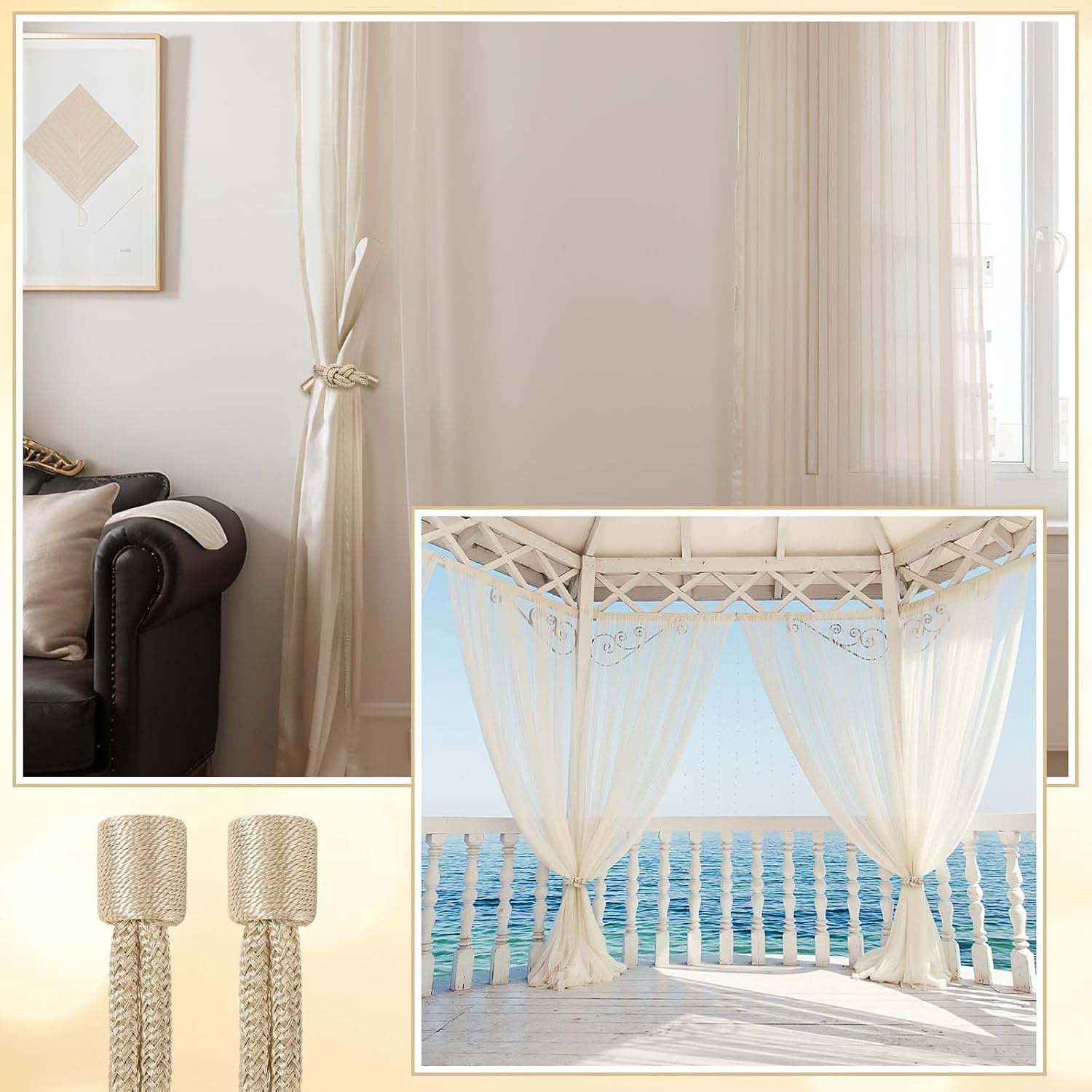 Queekay 6 Pcs Magnetic Curtain Tiebacks 2 Style, Elegant Decorative Tie Backs Terse Style Drape Tie Backs Hand Weave Rope Knot Curtain Holdbacks for Home Outdoor (Platinum)
