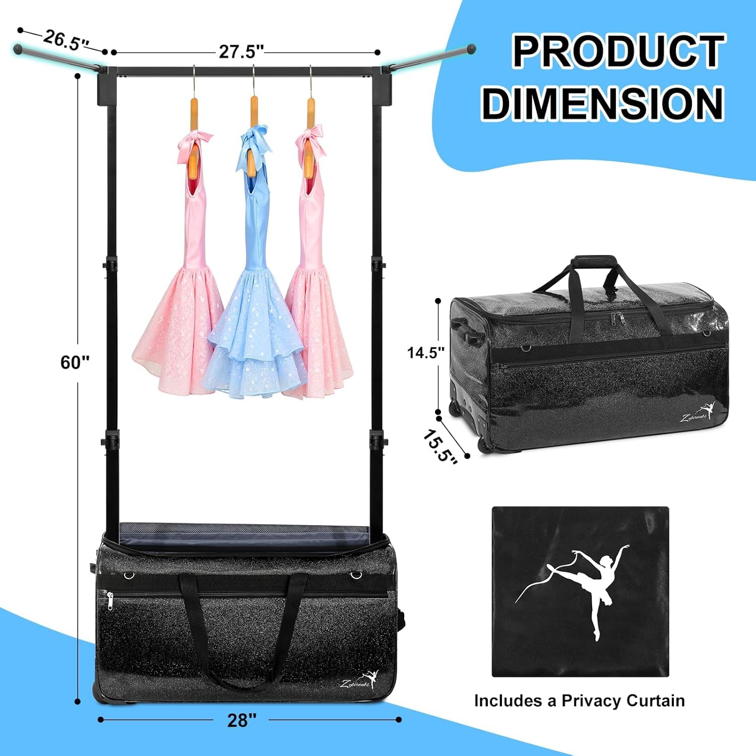 Sac de danse avec porte-vêtements - Grand sac à vêtements de danse avec roulettes pour danseuses / filles / femmes - Sac de voyage pliable - Indispensable pour les compétitions de danse, Noir - 71 cm