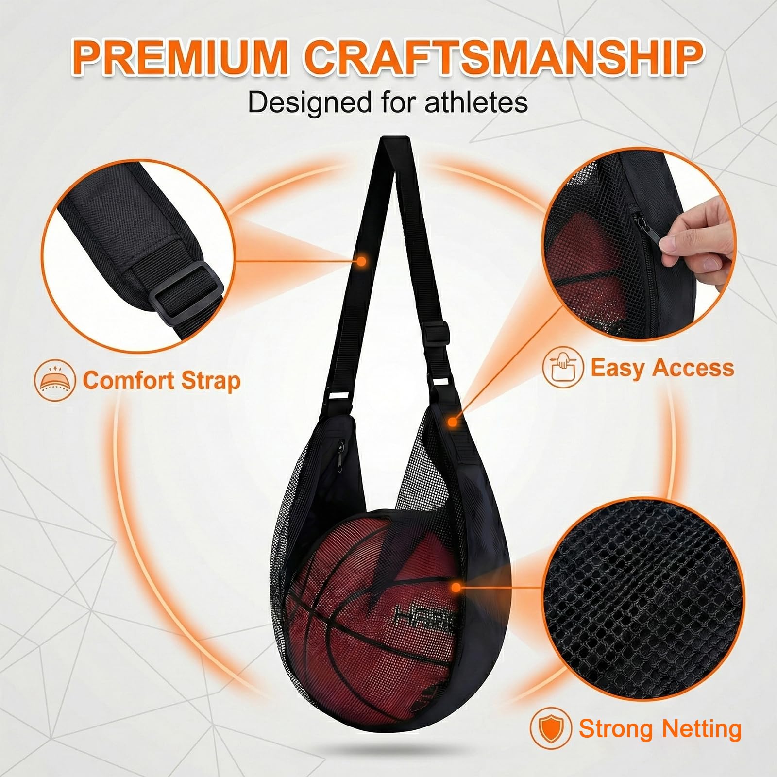 1 Borsa da Basket con Cavo,Borsa per Palloni,Rete resistente per palloni da basket e calcio,Zaino per Palla Portatile,Sacco sportivo traspirante,Rete portapalloni portatile per allenamenti,partite.