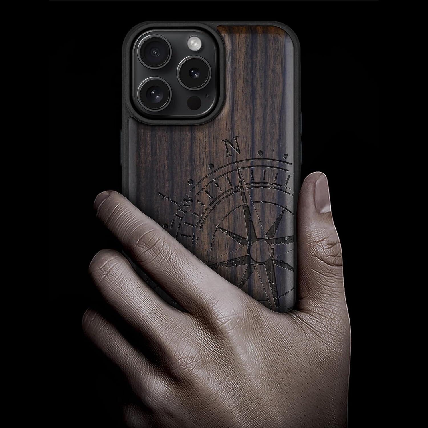 Carveit Magnetic Wooden Case for Phone 16 Pro Max Case, Wood Artisan Engraved & Black Soft TPU Shockproof Cover, Compatible with MagSafe Wireless Chargers, (The Incomplete Compass) Blackwood